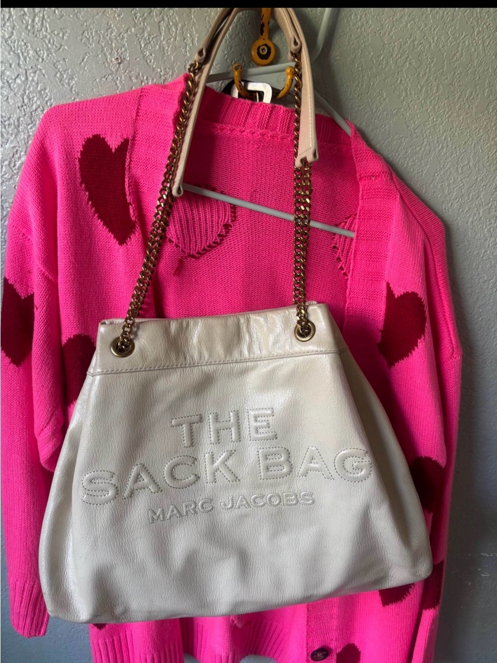 Marc Jacobs Cream Leather 'The Sack Bag' Tote with Gold Chain Handles